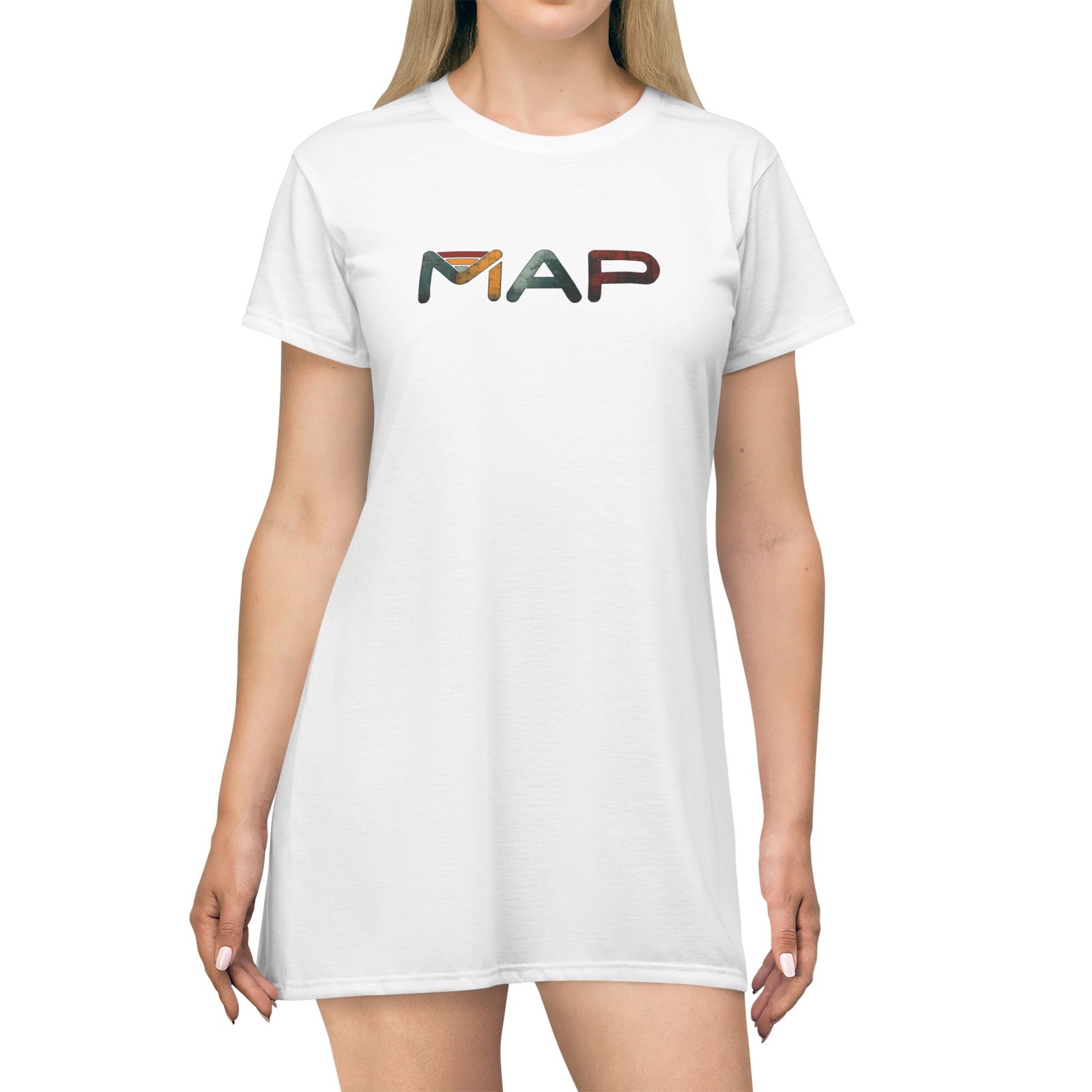 Colorful Map T-Shirt Dress, Casual Wear, Vacation Outfit, Gift for Travelers, Summer Dress, Map Print Dress - Image 3