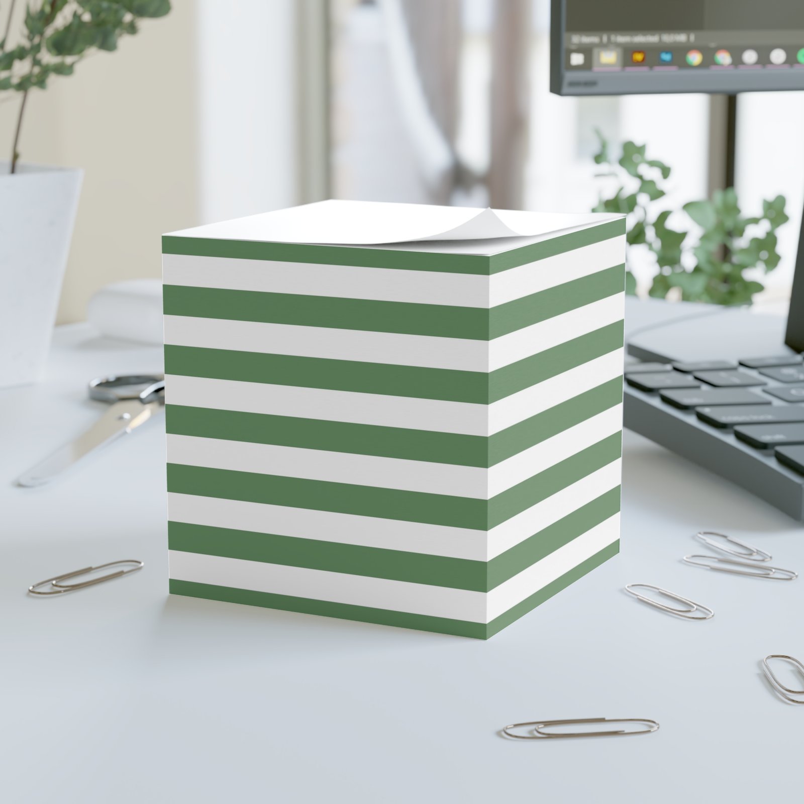 Striped Note Cube for Organization, Green and White Sticky Notes, Office Supplies, Gift for Writers, School Essentials, Desk Decor - Image 3
