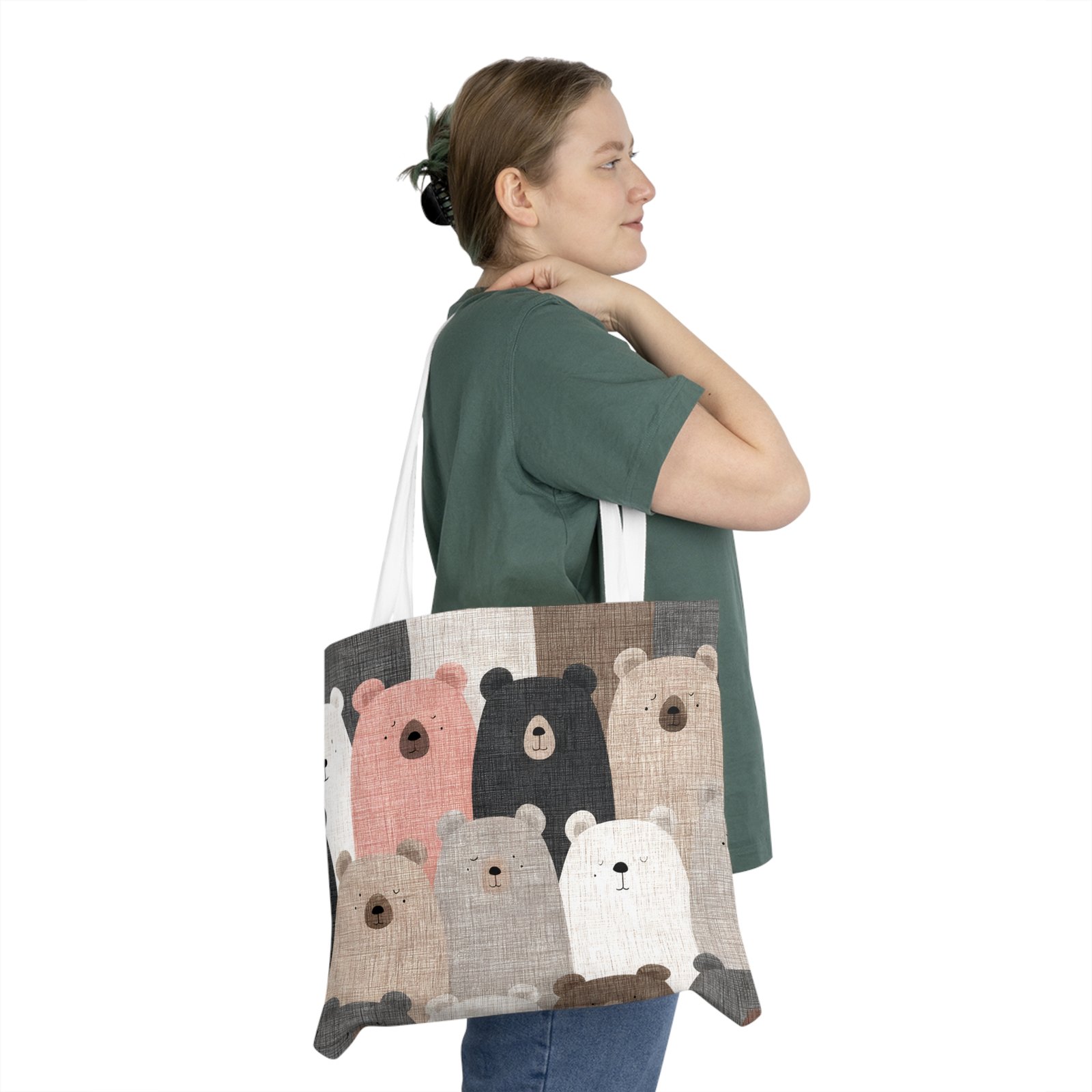 Cozy Bear Print Tote Bag, Eco-Friendly Shoulder Tote, Cute Animal Gift, Weekend Bag, Farmer's Market Shopper, Travel Accessory - Image 3