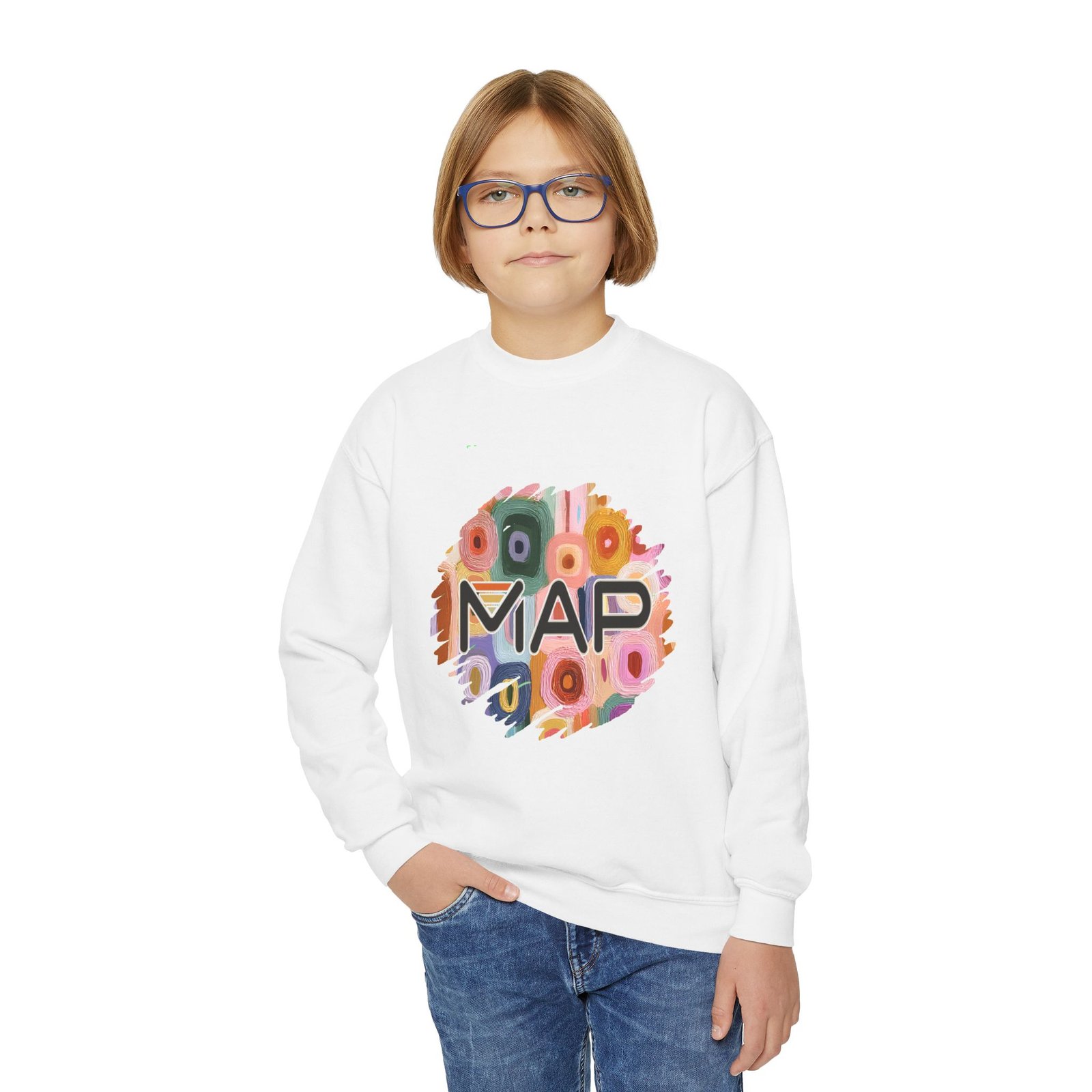 Colorful MAP Youth Crewneck Sweatshirt, Cozy Casual Wear, Youth Gifts, School Spirit, Art-Inspired Sweater - Image 3