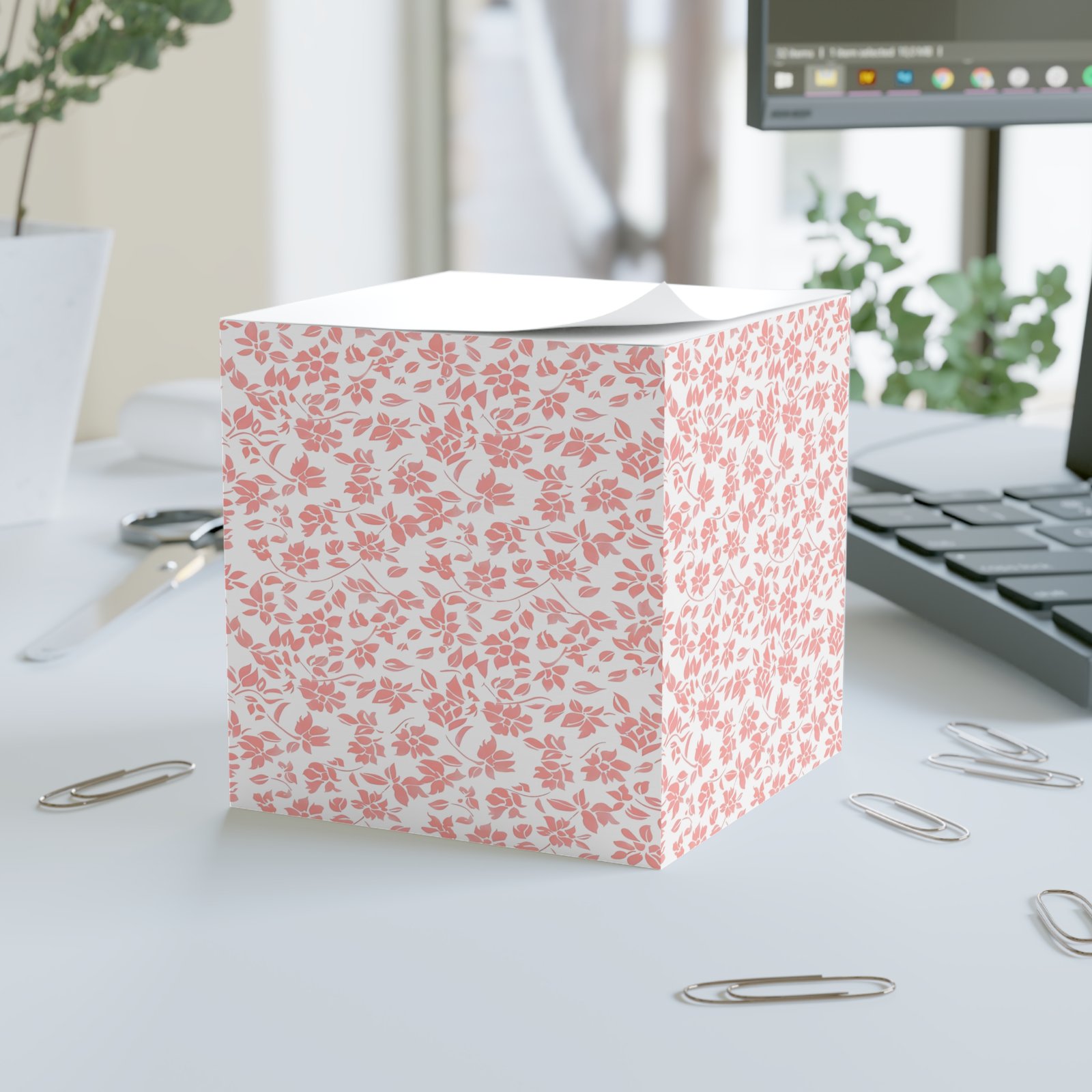 Floral Note Cube, Decorative Sticky Notes, Gift for Teacher, Office Supplies, Cute Desk Decor, Pink Floral Memo Pad - Image 3