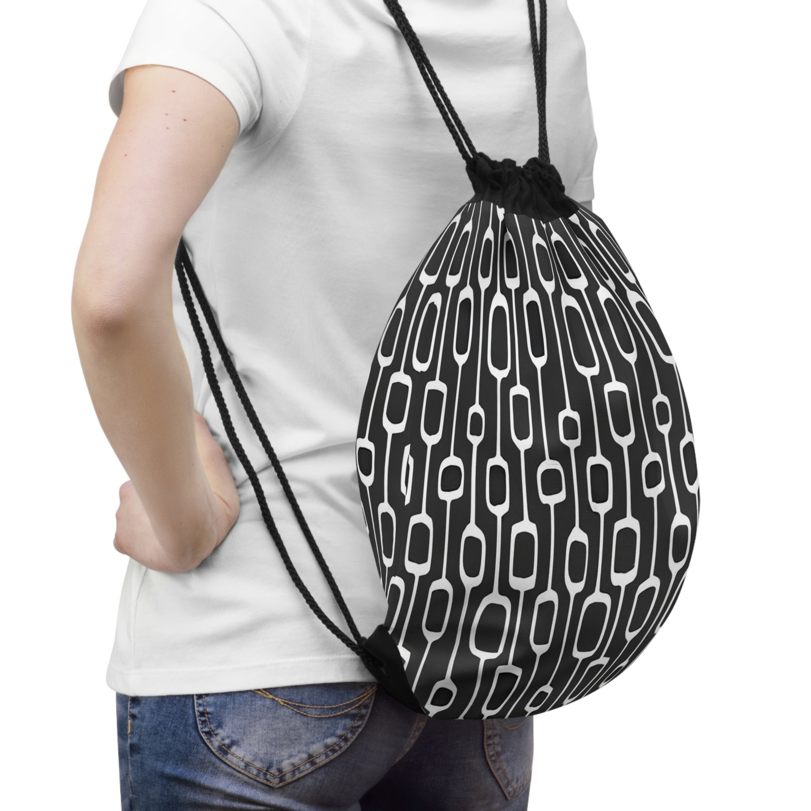 Stylish Drawstring Bag for Everyday Use, Gym, Travel, Gift, Minimalist Style, Black and White Design - Image 4