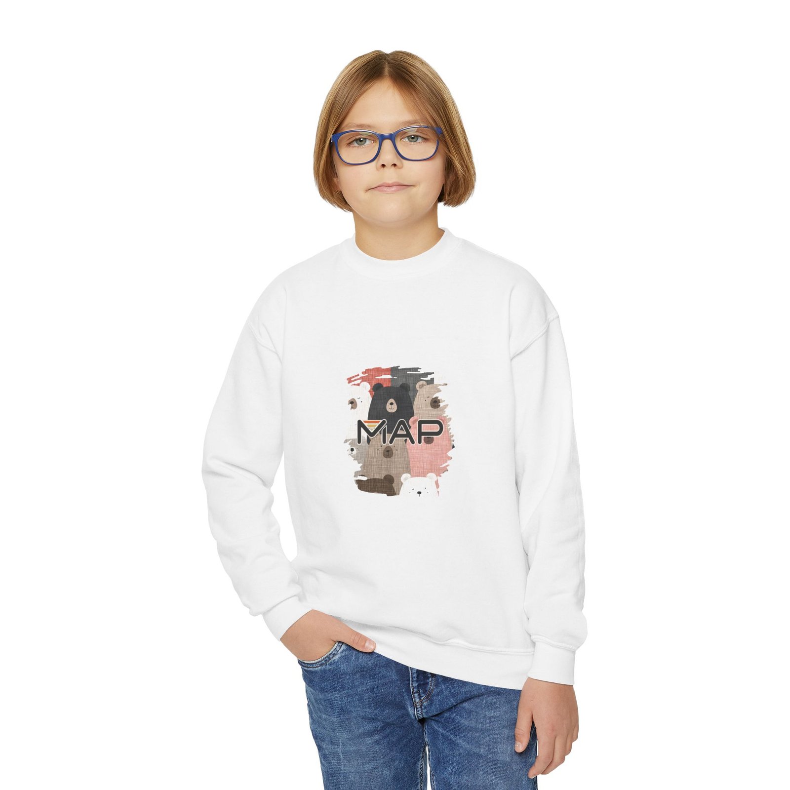 Adorable Bear Print Youth Crewneck Sweatshirt, Cozy Kids' Pullover, Cute Animal Sweater, Bear Lover Gift, Birthday Apparel - Image 3