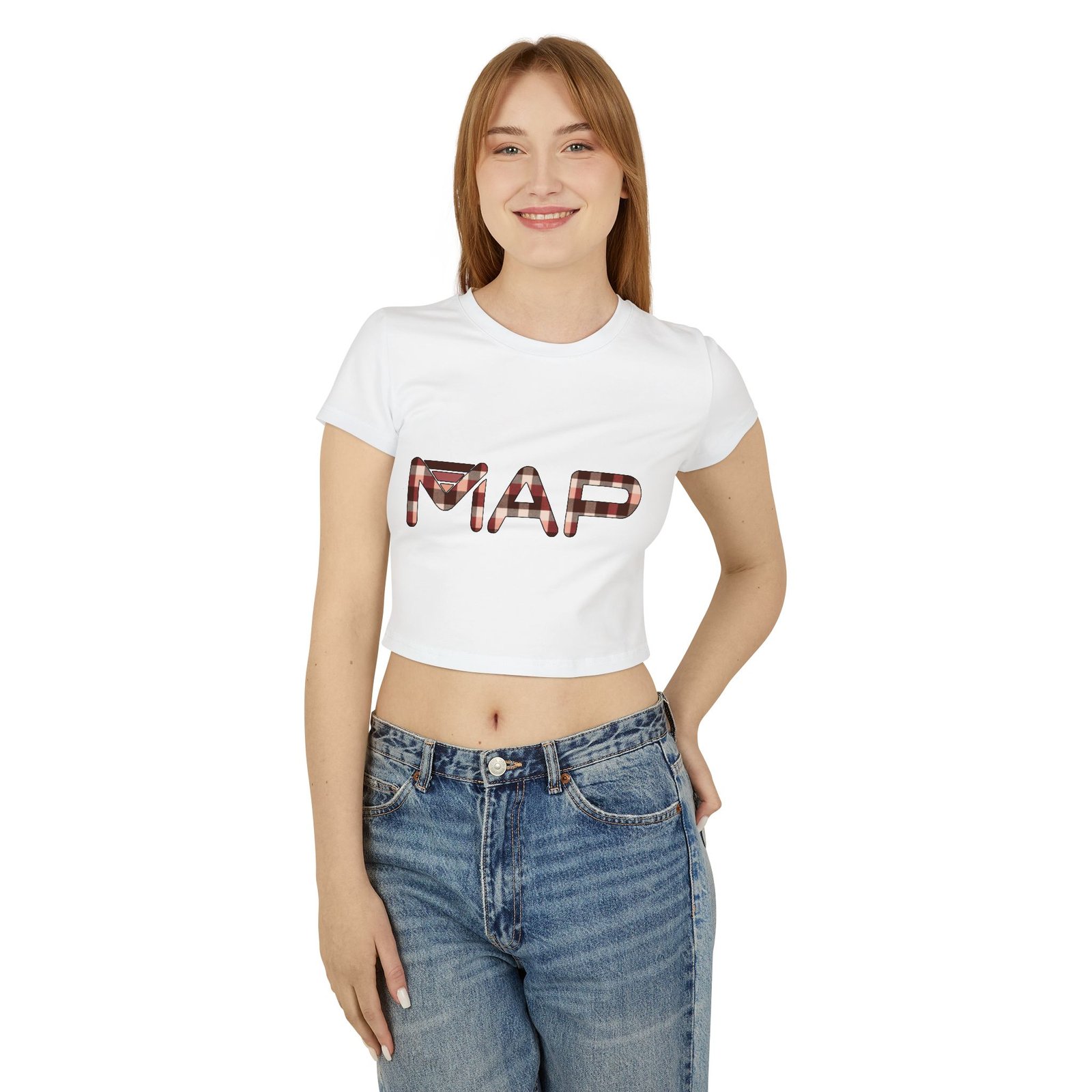 Plaid Map Women's Baby Tee, Trendy Crop Top, Casual Shirt, Gift for Her, Perfect for Fall Fashion, Travel Outfit - Image 3