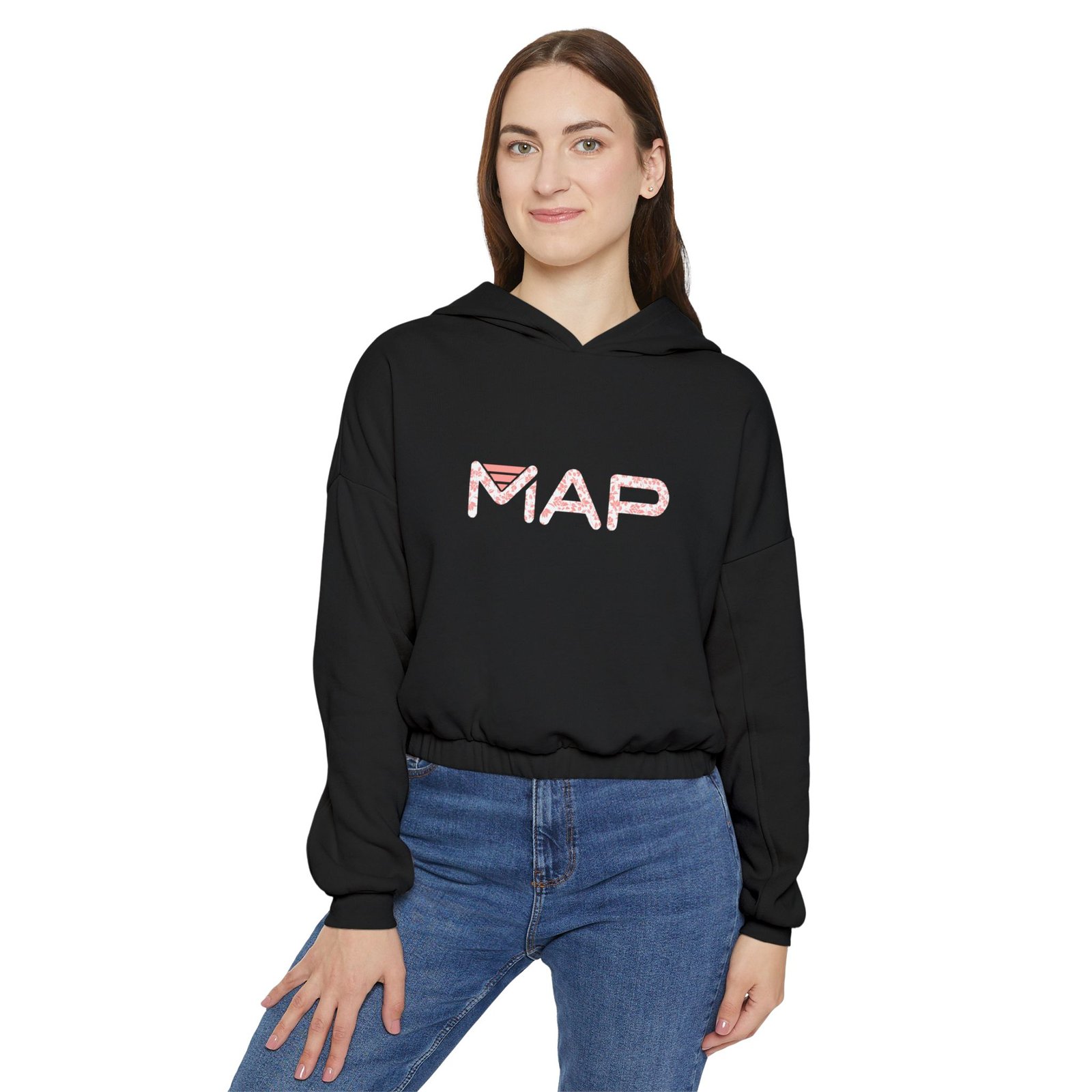 Women's Map Print Cinched Bottom Hoodie, Trendy Pullover, Cozy Fashion, Gift for Her, Casual Wear - Image 3