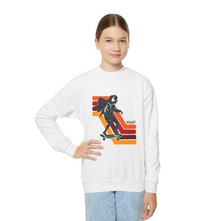 Skateboard Adventure Youth Crewneck Sweatshirt - Retro Vibes, Casual Wear, Gift for Kids, Cozy Comfort, Back to School