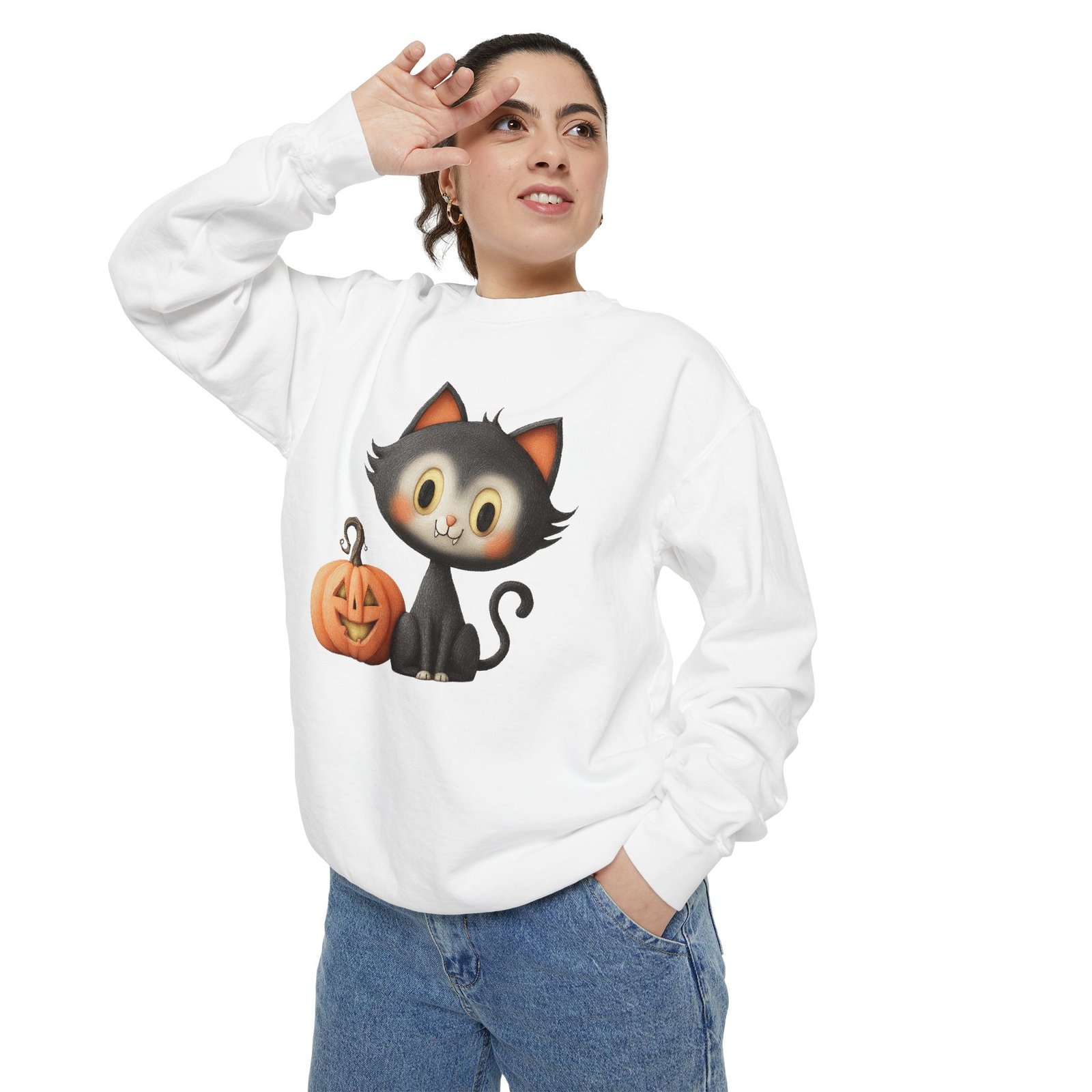 Cute Cat and Pumpkin Sweatshirt, Unisex Halloween Pullover, Cozy Fall Sweatshirt, Casual Autumn Wear, Spooky Cat Apparel