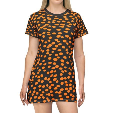 Stylish AOP T-Shirt Dress with Orange Dots - Perfect for Casual Wear, Summer Outings, Festivals, Halloween, and Everyday Comfort