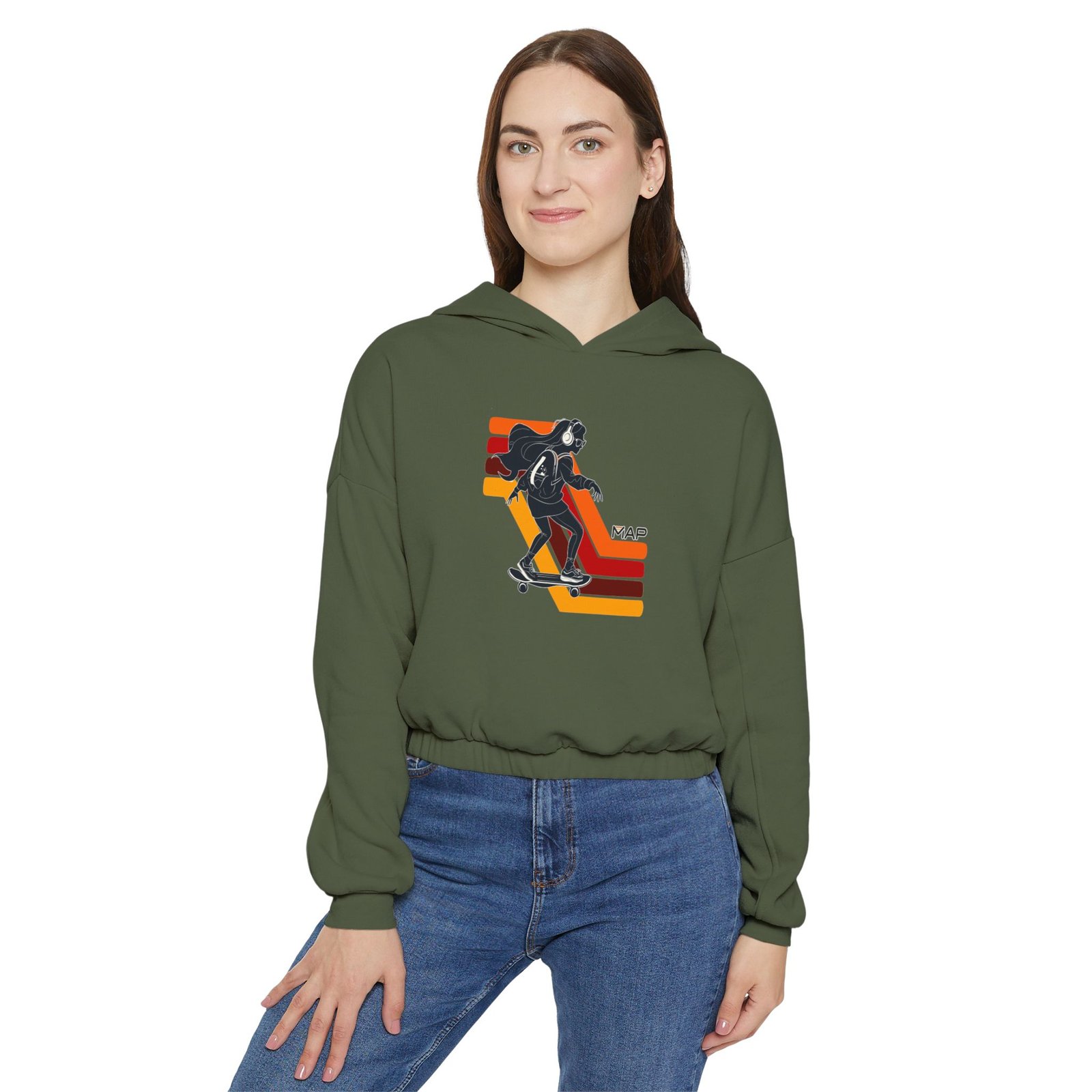 Retro Skate Women's Cinched Hoodie, Casual Pullover, Stylish Streetwear, Gift for Skaters, Trendy Layering Piece - Image 2