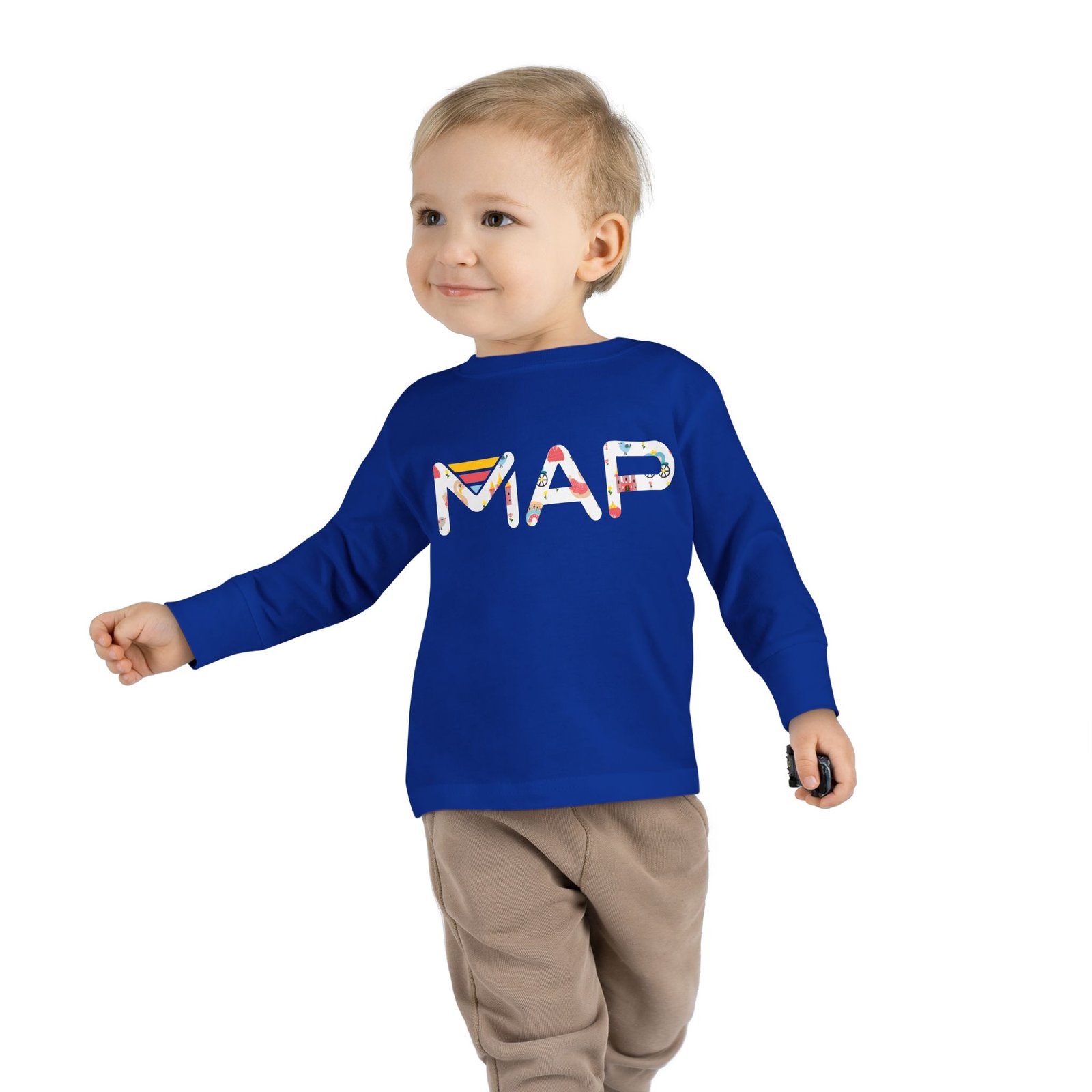 Toddler Long Sleeve Tee with Colorful 'MAP' Design for Adventurous Kids, Perfect for Playtime, Birthday Gifts, and Holiday Celebrations - Image 3