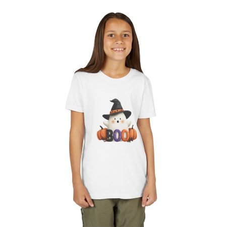 Halloween Youth Tee with Cute Ghost and Pumpkins, Fun Trick-or-Treat Shirt, Fall Festival Apparel, Spooky Season Gift, Boo T-Shirt