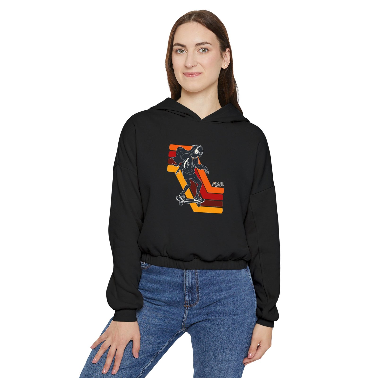 Retro Skate Women's Cinched Hoodie, Casual Pullover, Stylish Streetwear, Gift for Skaters, Trendy Layering Piece