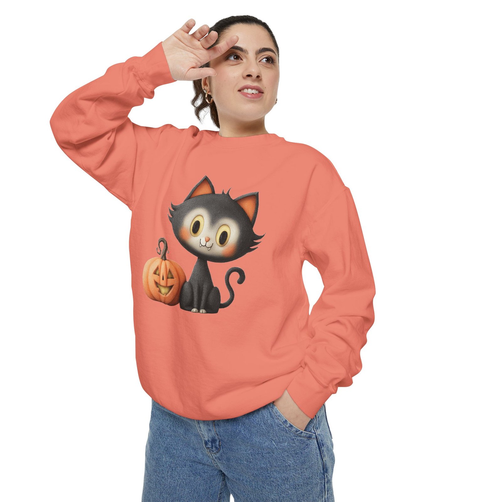 Cute Cat and Pumpkin Sweatshirt, Unisex Halloween Pullover, Cozy Fall Sweatshirt, Casual Autumn Wear, Spooky Cat Apparel - Image 2