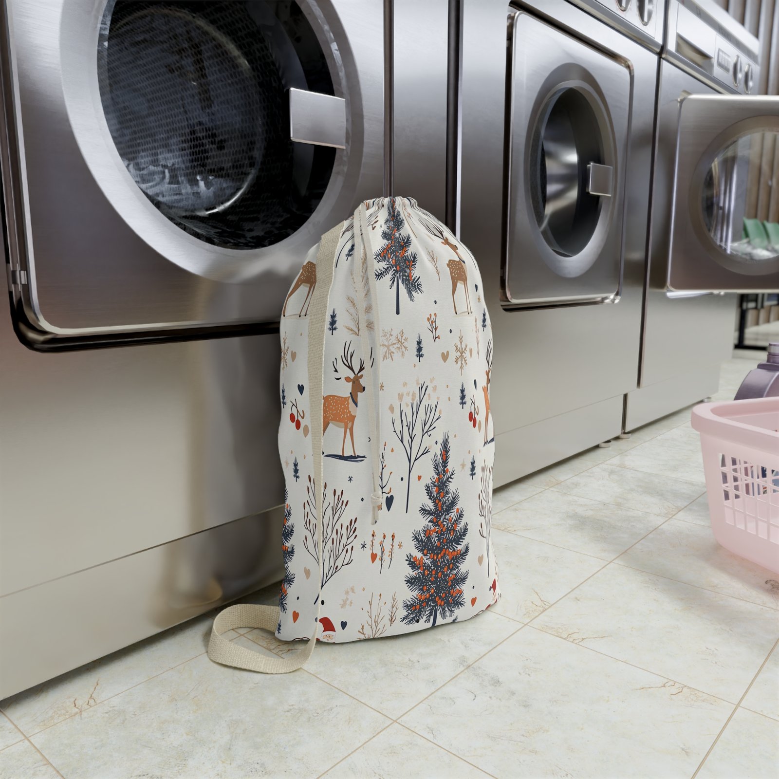 Holiday-Themed Laundry Bag with Deer and Trees Design, Cute Storage Bag for Christmas, Gift for Home, Organizing Laundry, Festive Decor