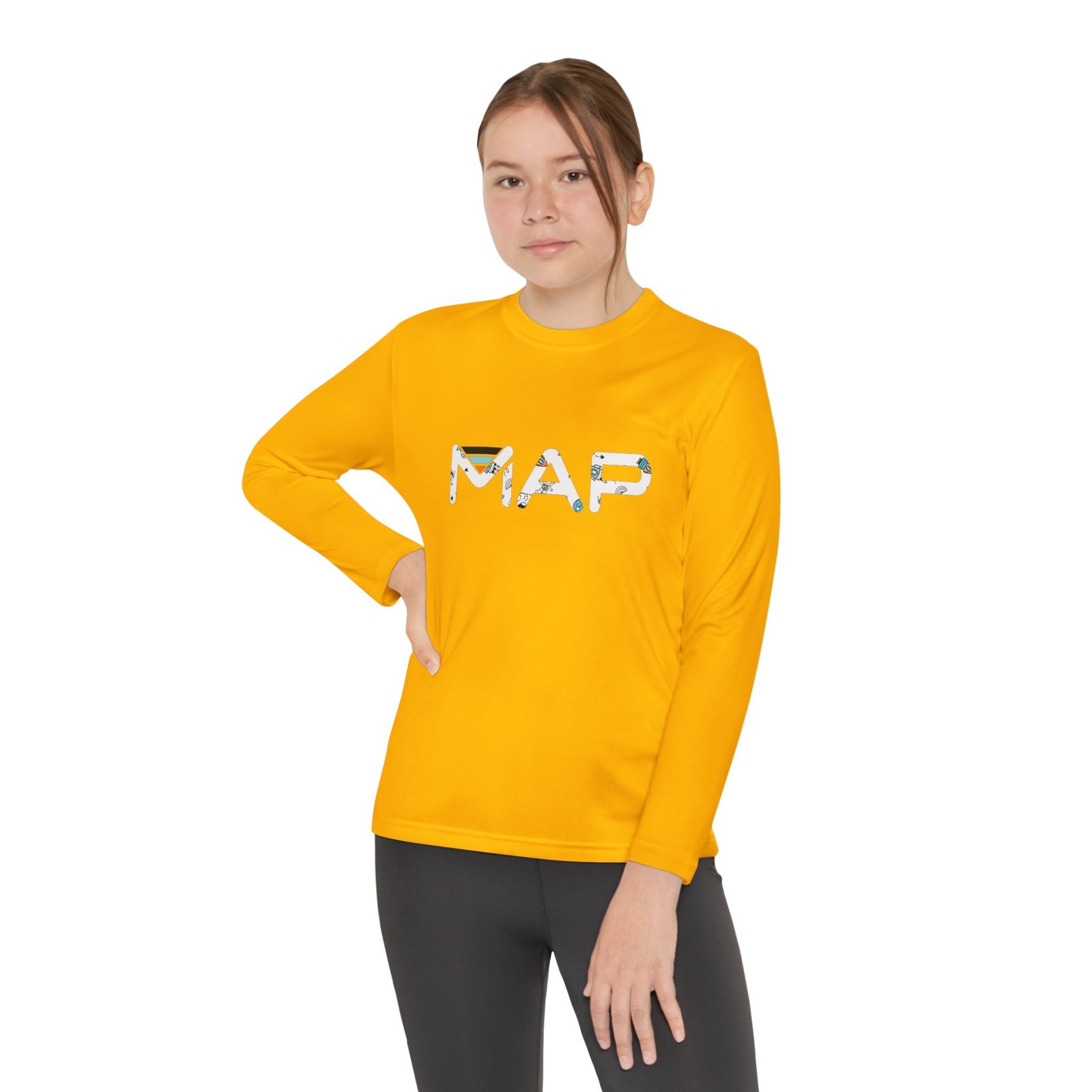 Youth Long Sleeve Competitor Tee with MAP Design, Stylish Kids Apparel, Playful Gift, Comfortable T-Shirt, School Wear, Casual Outfit - Image 4