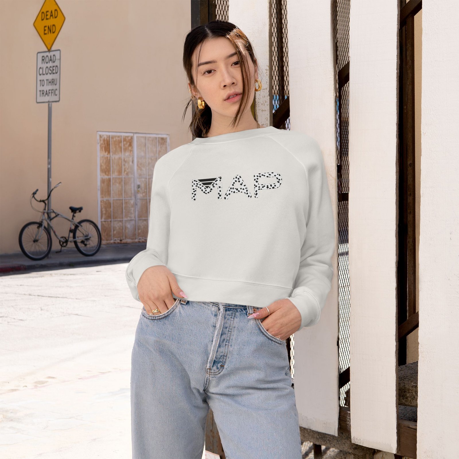 Chic Cropped Fleece Pullover - Cozy Map Graphic Sweatshirt, Trendy Casual Wear, Perfect Gift for Her, Fall Fashion, Lounge Wear - Image 2