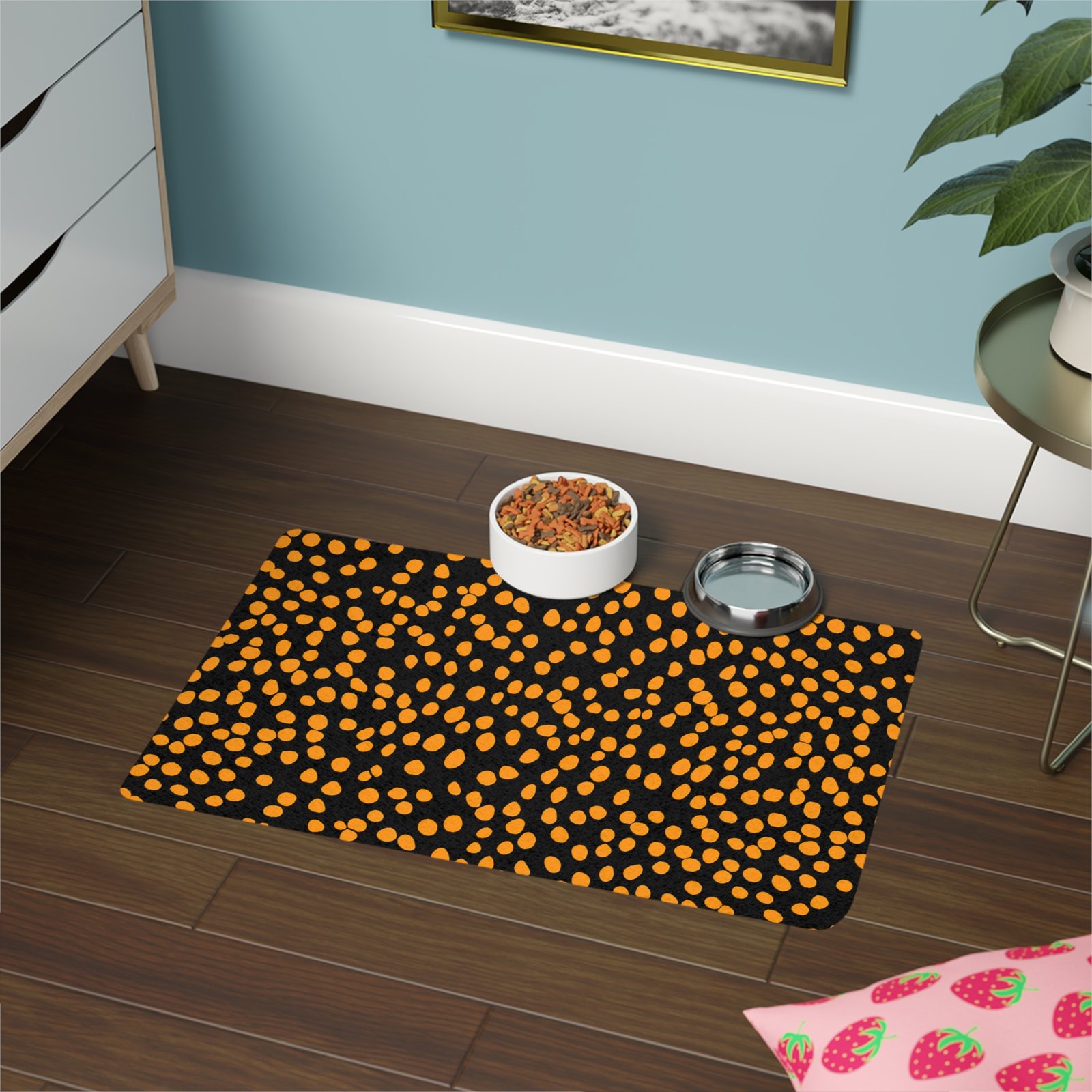 Stylish Pet Food Mat, Non-slip Dog Bowl Mat, Cat Feeder Pad, Pet Dining Mat, Black and Orange Design for Modern Homes - Image 2