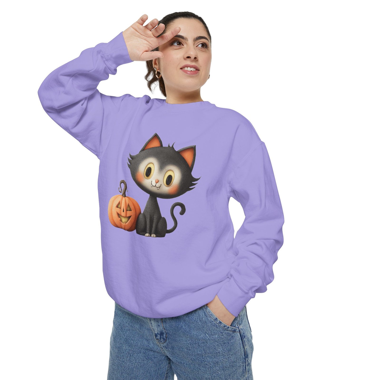 Cute Cat and Pumpkin Sweatshirt, Unisex Halloween Pullover, Cozy Fall Sweatshirt, Casual Autumn Wear, Spooky Cat Apparel - Image 4