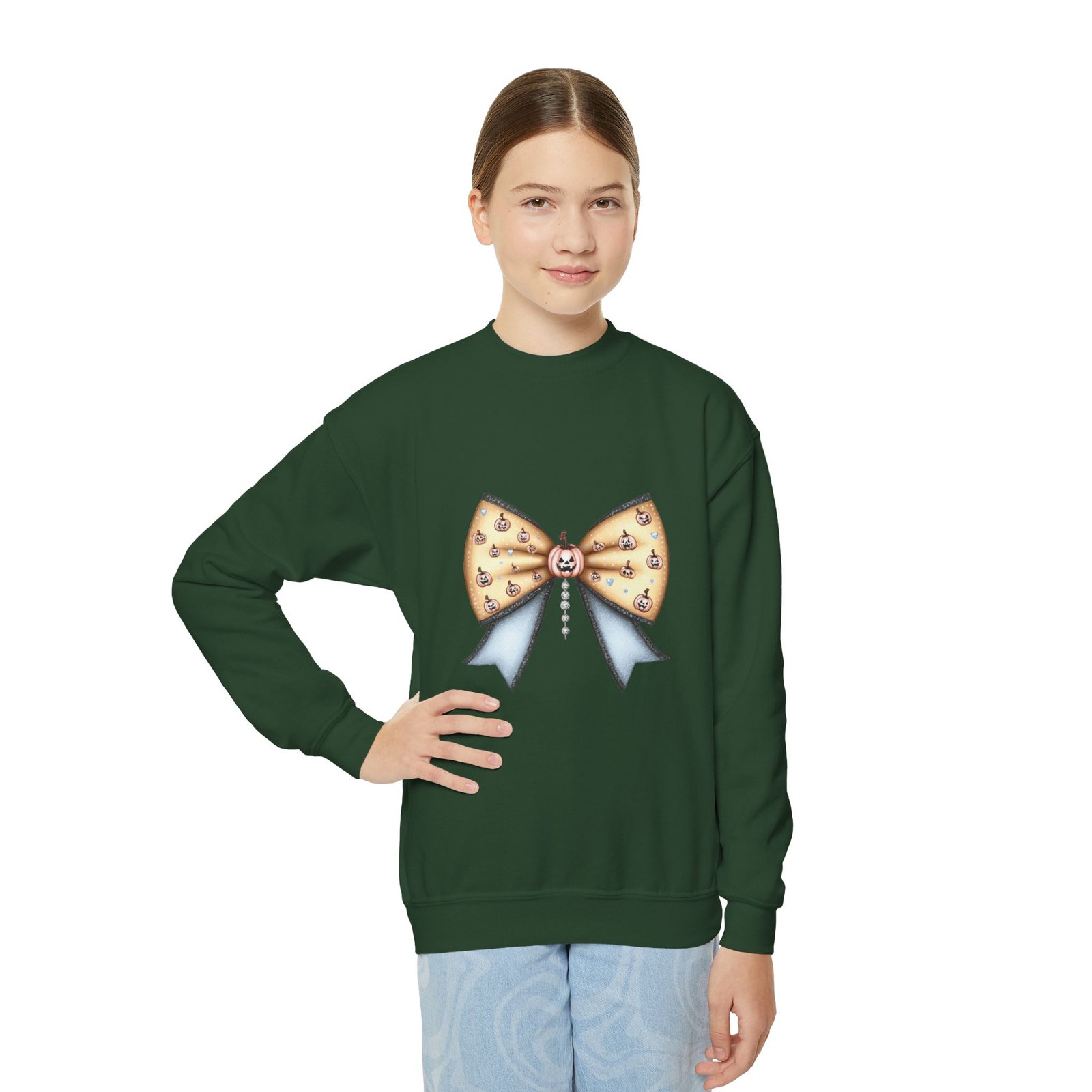 Sweet Bow Youth Crewneck Sweatshirt, Cute Pullover, Kids' Gift, Bow Design, Fashion Sweater, Birthday Outfit, Everyday Wear - Image 3