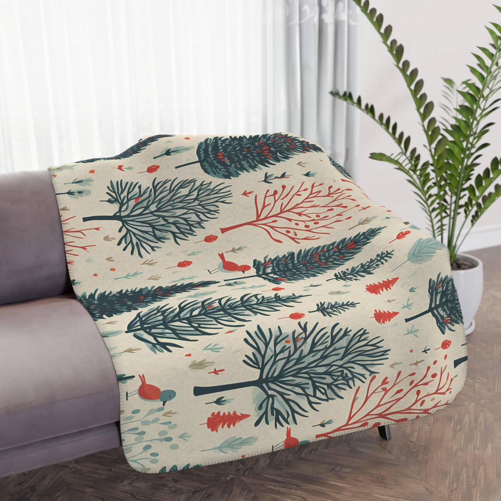 Cozy Tan Sherpa Blanket with Woodland Print, Perfect Gift for Home, Camping, Chilly Nights, Holidays, and Birthdays - Image 2