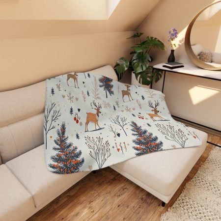 Cozy Sherpa Blanket with Winter Forest Design, Faux Fur Throw, Soft Blanket for Cold Nights, Holiday Gift, Home Decor
