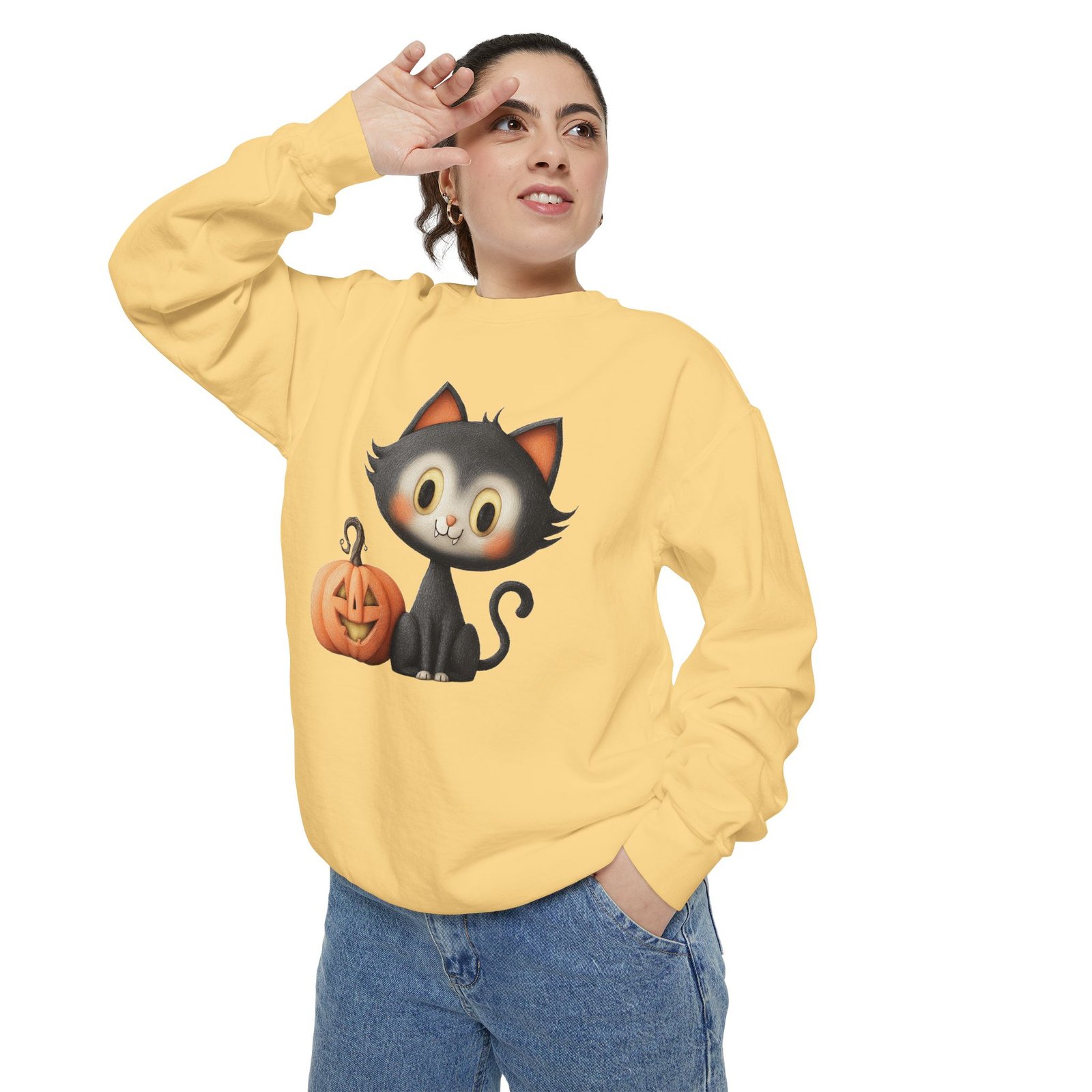 Cute Cat and Pumpkin Sweatshirt, Unisex Halloween Pullover, Cozy Fall Sweatshirt, Casual Autumn Wear, Spooky Cat Apparel - Image 3