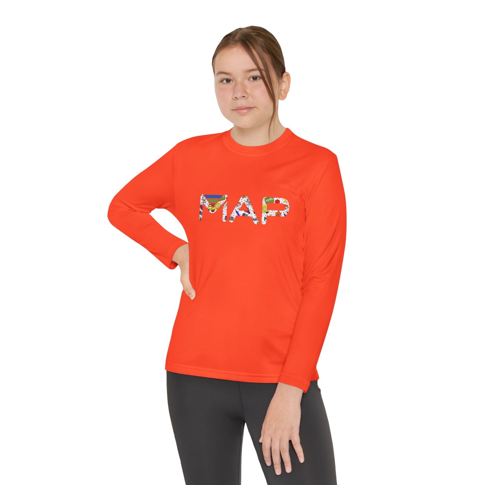 Colorful Printed Youth Long Sleeve Tee with MAP Design - Perfect for Sports, Casual Wear, Gifts, Birthday Celebrations, Everyday Fun - Image 2