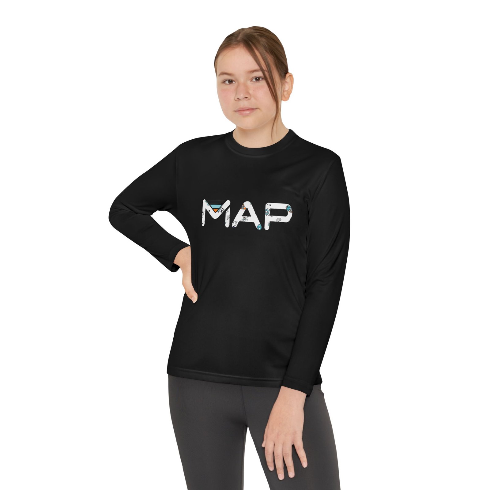 Youth Long Sleeve Competitor Tee with MAP Design, Stylish Kids Apparel, Playful Gift, Comfortable T-Shirt, School Wear, Casual Outfit - Image 3