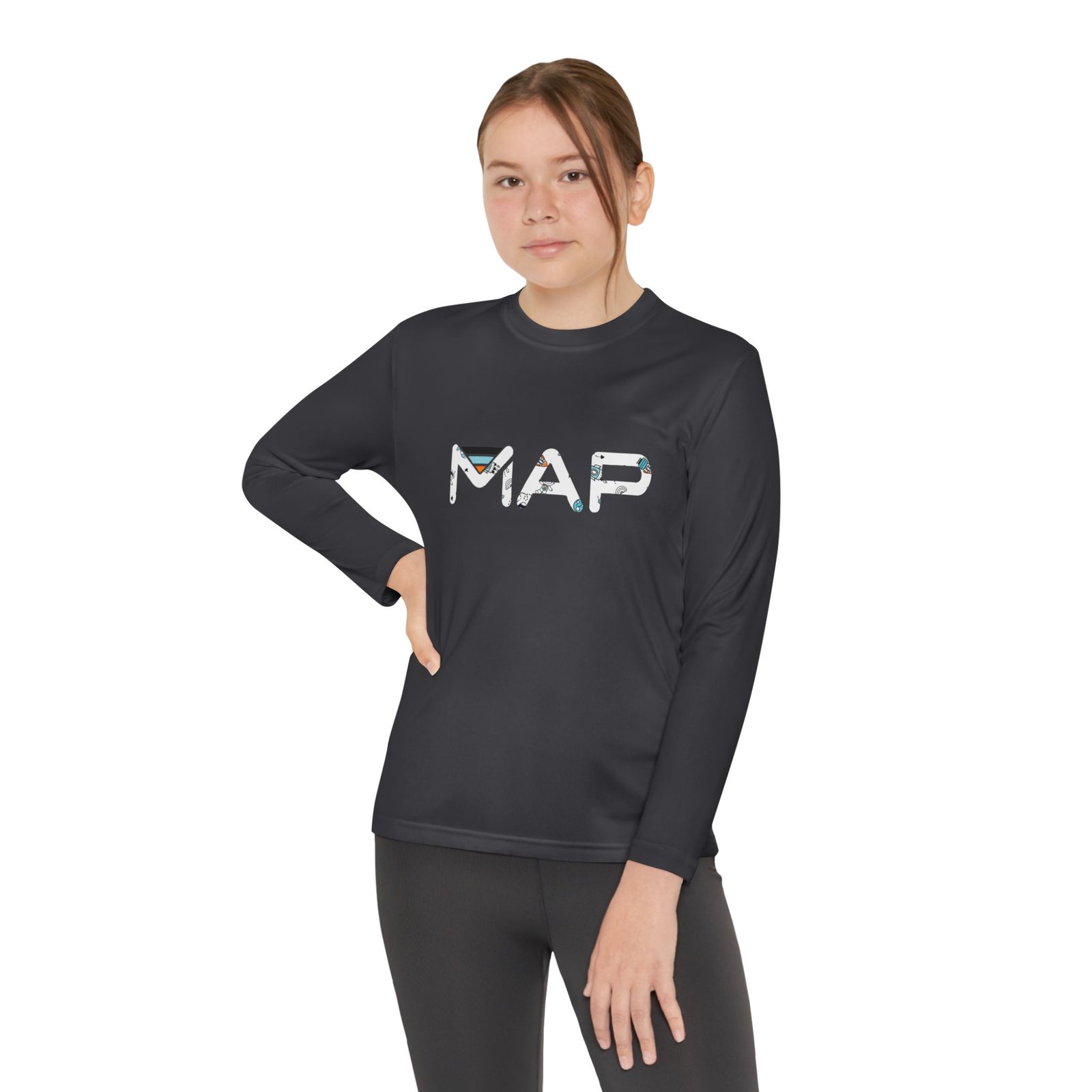 Youth Long Sleeve Competitor Tee with MAP Design, Stylish Kids Apparel, Playful Gift, Comfortable T-Shirt, School Wear, Casual Outfit - Image 2