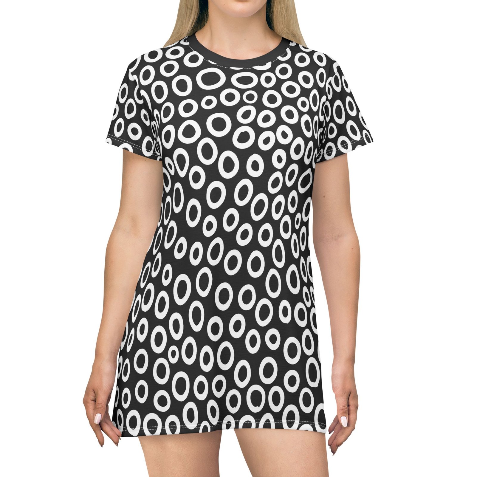 Chic Polka Dot T-Shirt Dress, Casual Dress, Summer Outfit, Gift for Her, Beachwear, Statement Dress, Trendy Fashion