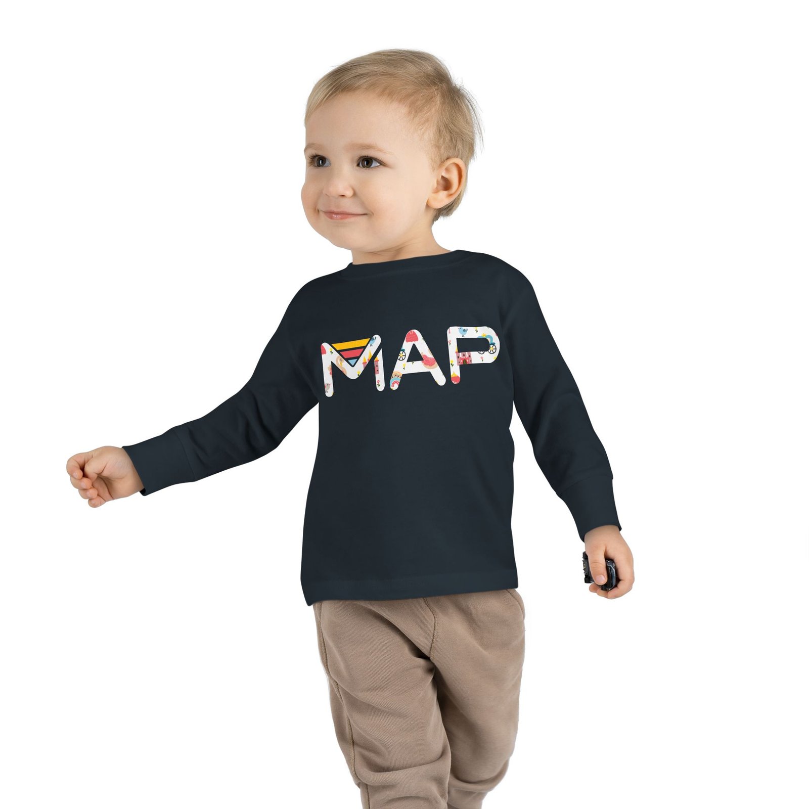 Toddler Long Sleeve Tee with Colorful 'MAP' Design for Adventurous Kids, Perfect for Playtime, Birthday Gifts, and Holiday Celebrations - Image 4