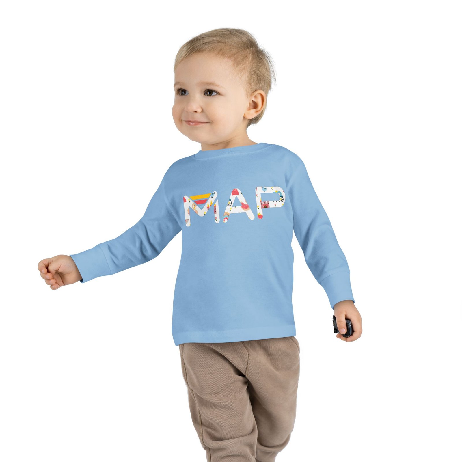 Toddler Long Sleeve Tee with Colorful 'MAP' Design for Adventurous Kids, Perfect for Playtime, Birthday Gifts, and Holiday Celebrations - Image 2