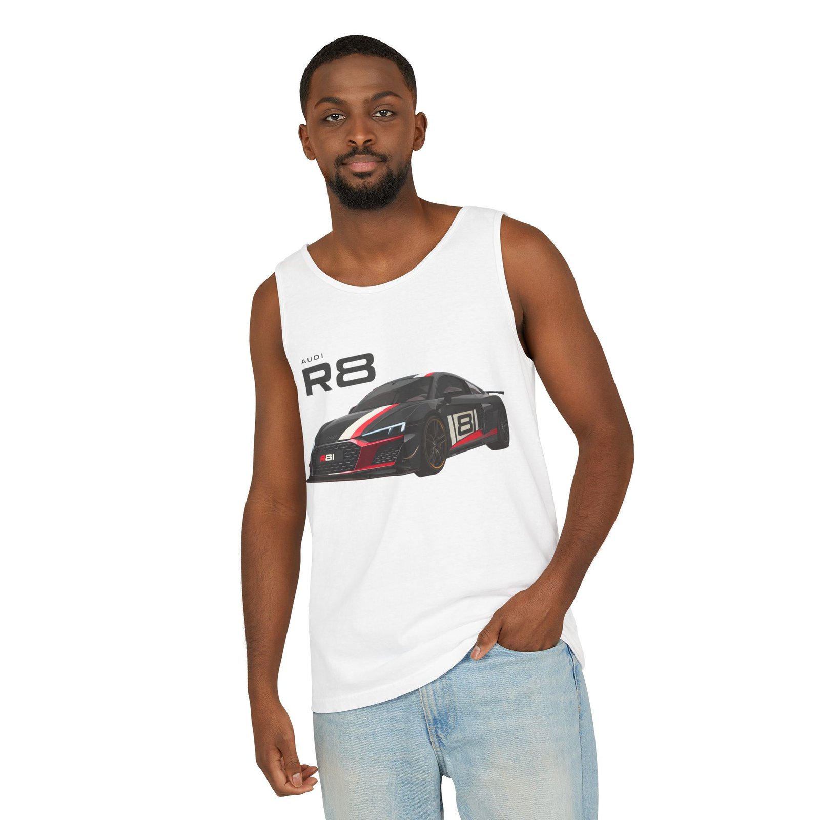 R8 Race Car Unisex Tank Top, Breathable Summer Top, Casual Wear, Gift for Car Enthusiasts, Sports Apparel, Comfortable Tank Top
