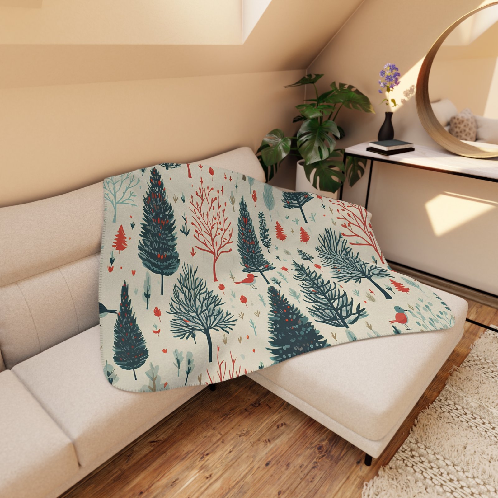 Cozy Tan Sherpa Blanket with Woodland Print, Perfect Gift for Home, Camping, Chilly Nights, Holidays, and Birthdays