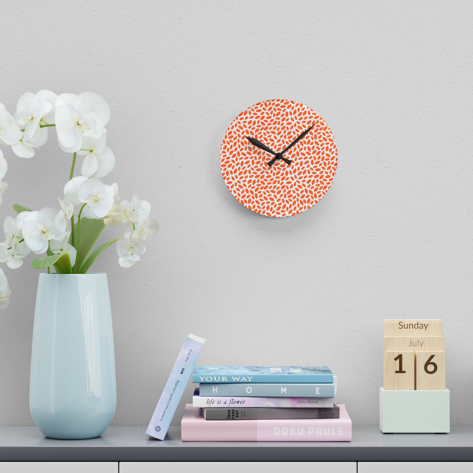 Orange Pattern Acrylic Wall Clock, Modern Home Decor, Gift for Her, Wall Art, Boho Style Timepiece