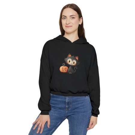 Cute Halloween Cat Cinched Bottom Hoodie, Women's Fall Sweatshirt, Cozy Autumn Wear, Halloween Costume, Black Cat Apparel