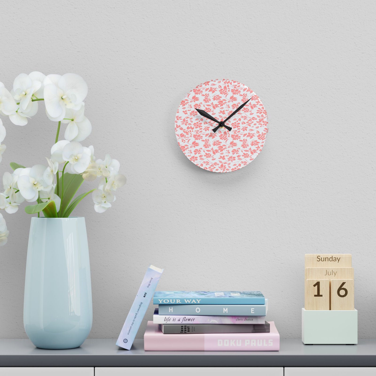 Floral Acrylic Wall Clock, Decorative Clock, Home Decor, Gift for Her, Modern Wall Art, Timepiece, Living Room Decor