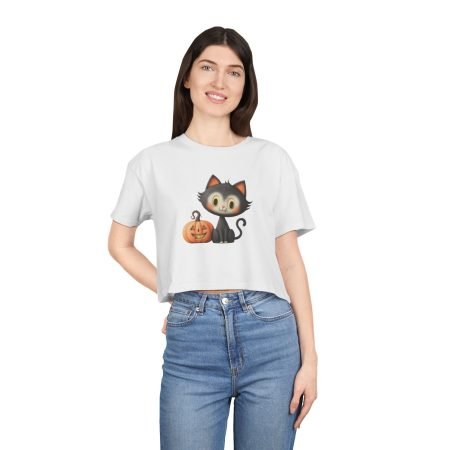 Cute Cat Halloween Women's Crop Tee, Halloween Shirt, Cat Lover Gift, Festive Tee, Fall Fashion, Spooky Season Apparel