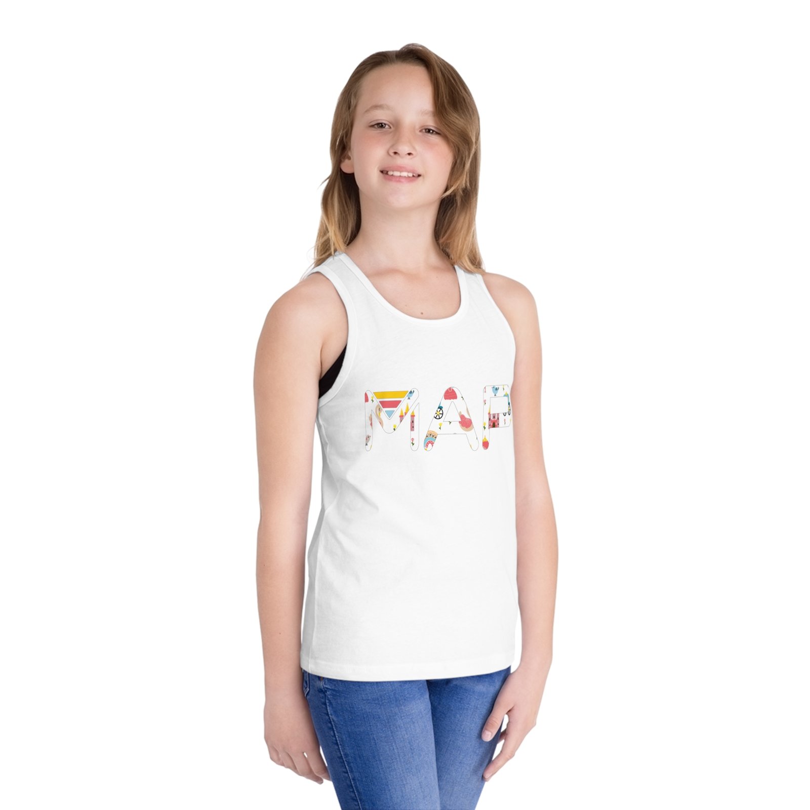 Colorful Kid's Jersey Tank Top - Fun MAP Design for Summer, Playdates, Birthdays, Beach Days, Gift Ideas