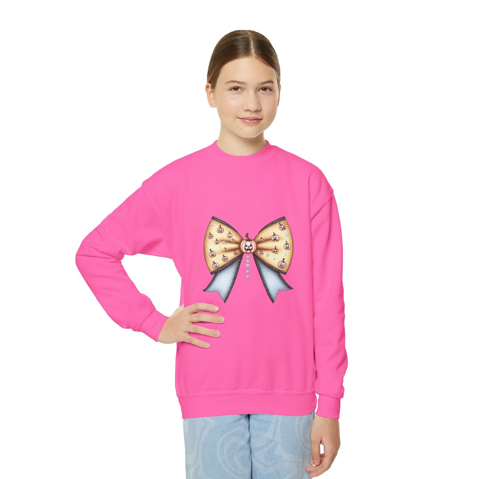Sweet Bow Youth Crewneck Sweatshirt, Cute Pullover, Kids' Gift, Bow Design, Fashion Sweater, Birthday Outfit, Everyday Wear - Image 5