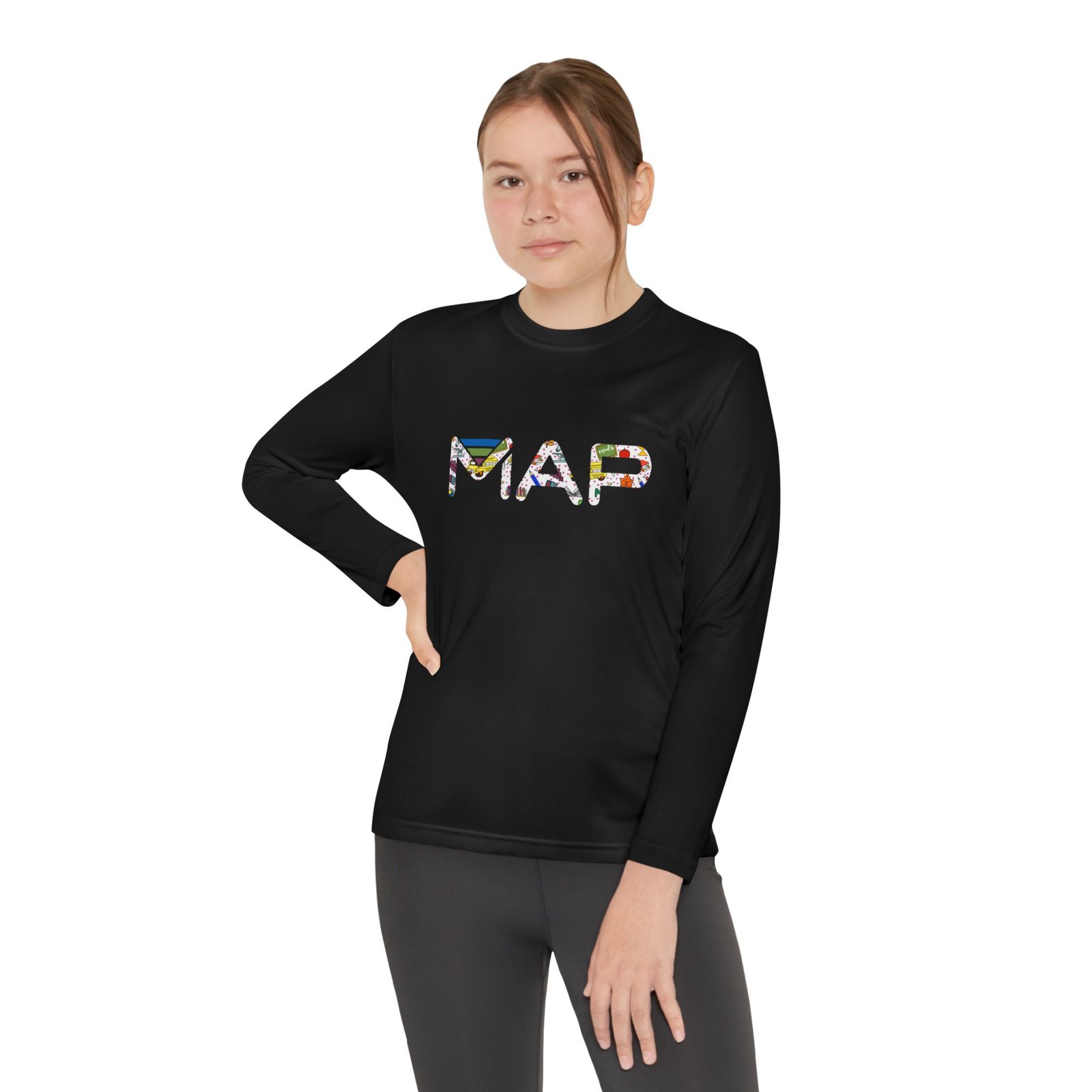 Colorful Printed Youth Long Sleeve Tee with MAP Design - Perfect for Sports, Casual Wear, Gifts, Birthday Celebrations, Everyday Fun - Image 4