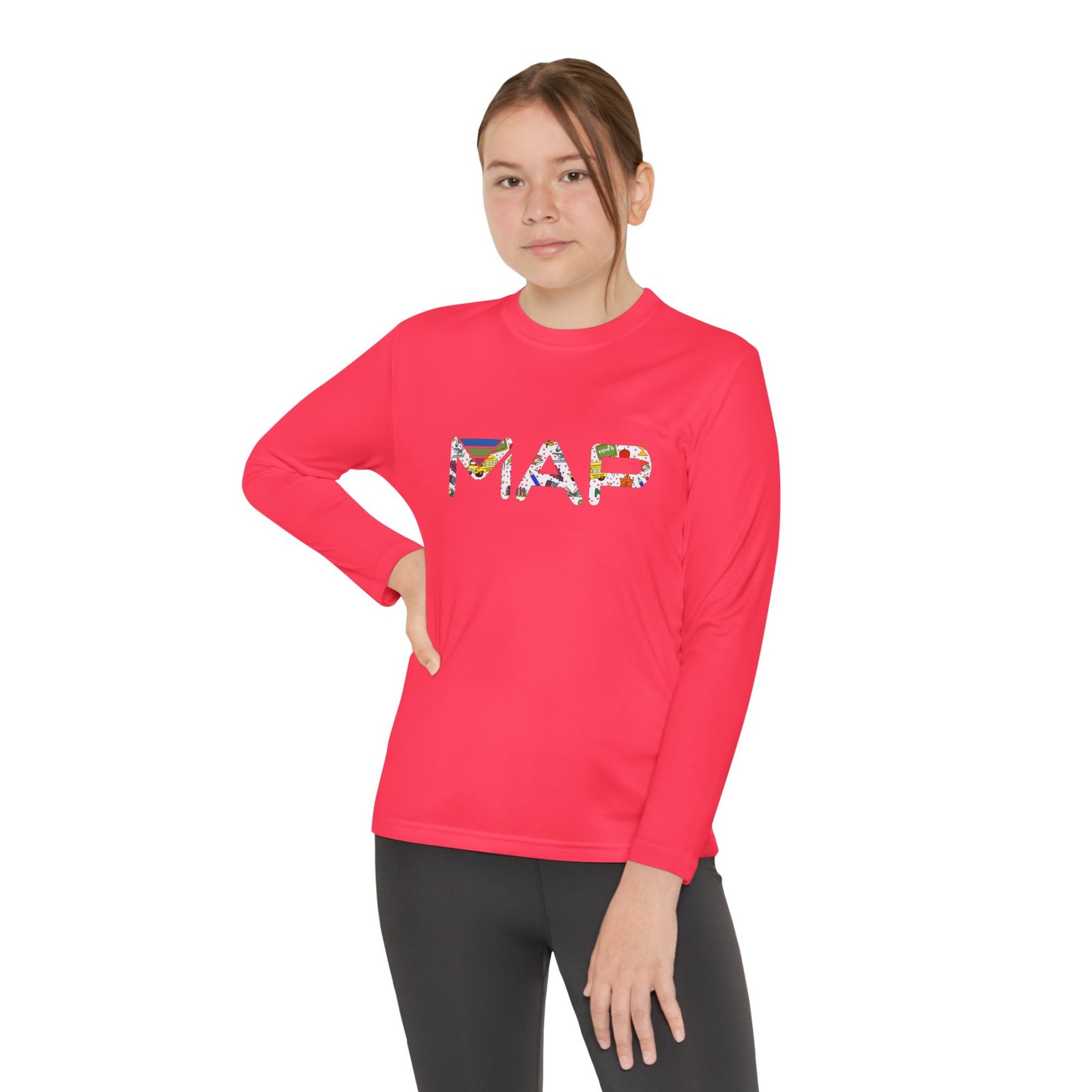 Colorful Printed Youth Long Sleeve Tee with MAP Design - Perfect for Sports, Casual Wear, Gifts, Birthday Celebrations, Everyday Fun - Image 9