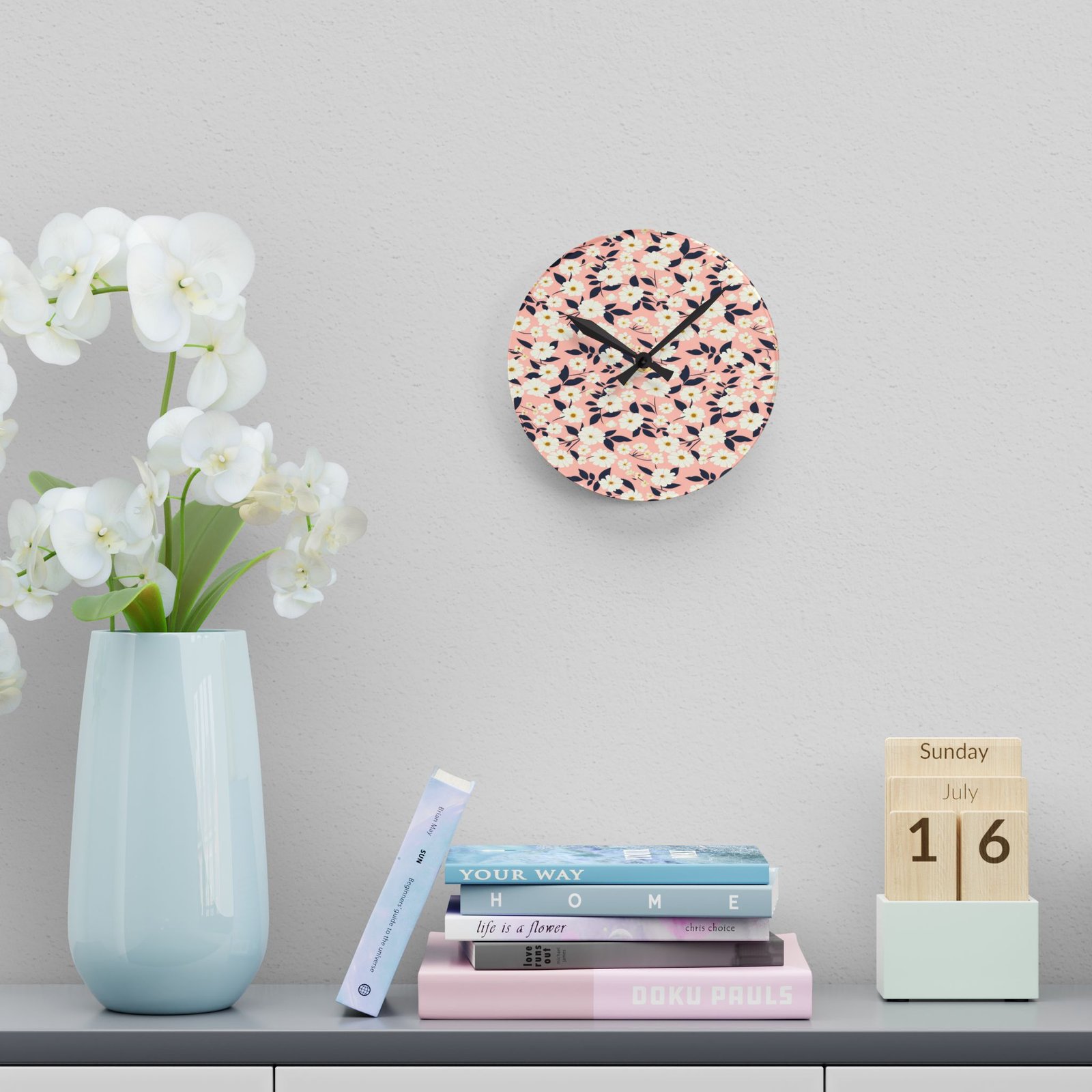 Floral Acrylic Wall Clock - Boho Decor, Home Office Wall Art, Gift for Her, Birthday Gift, Modern Clock
