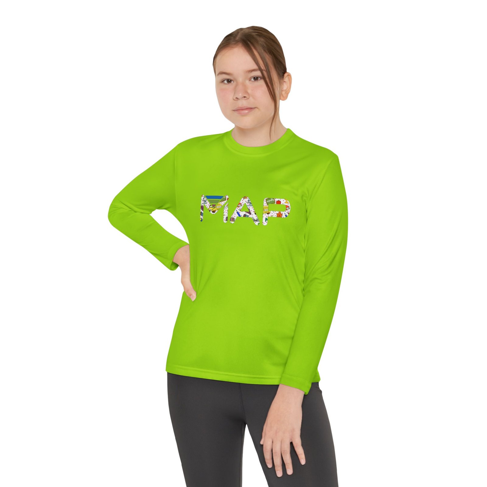 Colorful Printed Youth Long Sleeve Tee with MAP Design - Perfect for Sports, Casual Wear, Gifts, Birthday Celebrations, Everyday Fun - Image 5