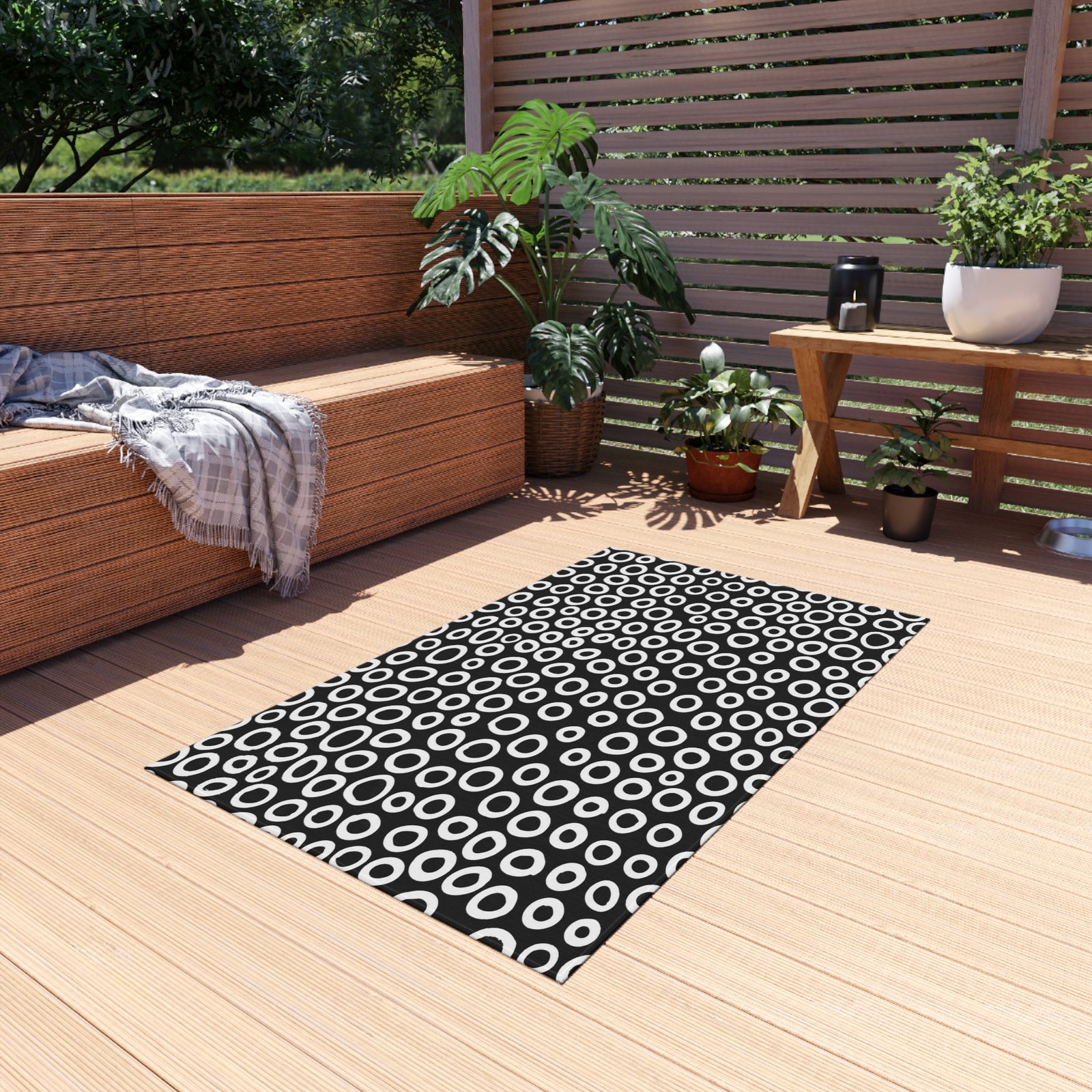 Stylish Outdoor Rug, Modern Patio Decor, Safe for All Weather, Perfect for Outdoor Gatherings, Durable Area Rug, Black and White Design - Image 2