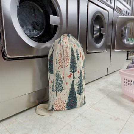 Winter Woodland Laundry Bag, Tree Pattern, Holiday Storage Bag, Eco-Friendly Laundry Tote, Seasonal Home Decor
