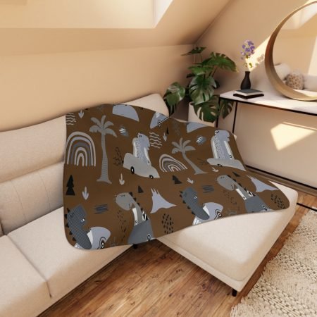 Cozy Tan Sherpa Blanket with Fun Animal Design, Kids Room Decor, Gift for Baby Showers, Snuggling at Home, Dinosaur Theme