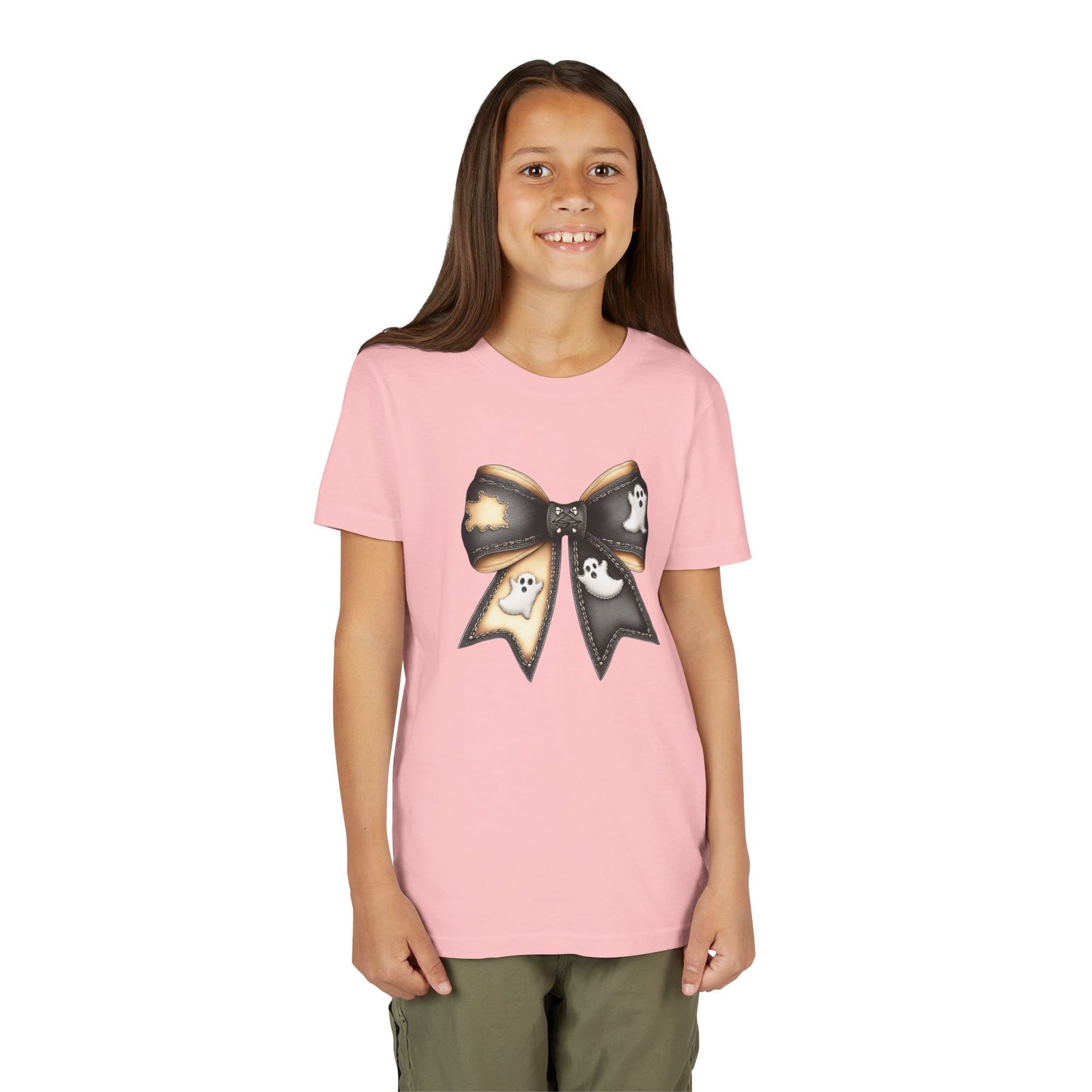 Ghostly Bow Youth Tee - Halloween Tee, Kids Short Sleeve Shirt, Spooky Shirt, Fall Fashion, Cute Ghost T-Shirt - Image 7