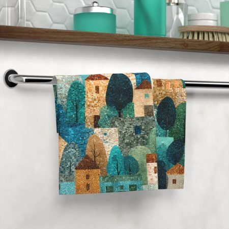 Serene Village Face Towel, Soft Cotton Towel, Vintage Townscape Design, Bathroom Decor, Gift Idea for Home