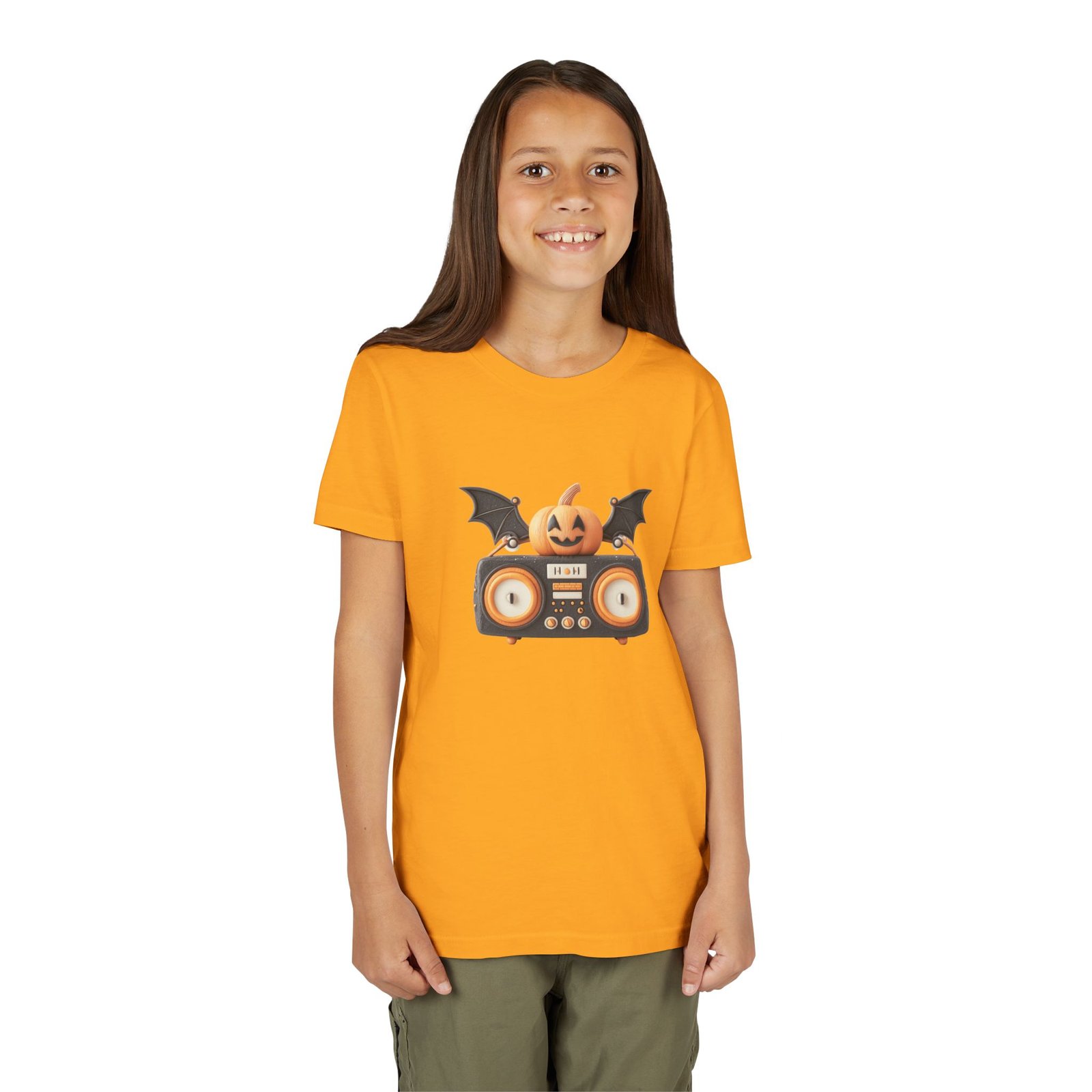 Halloween Youth Tee with Pumpkin & Bat Design, Spooky Shirt for Kids, Trick or Treat Outfit, Fall Celebration Top, Cute Halloween Apparel - Image 4